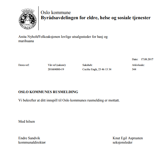 Bekreftelse på mottatt høringsinnspill Oslo kommunes rusmelding